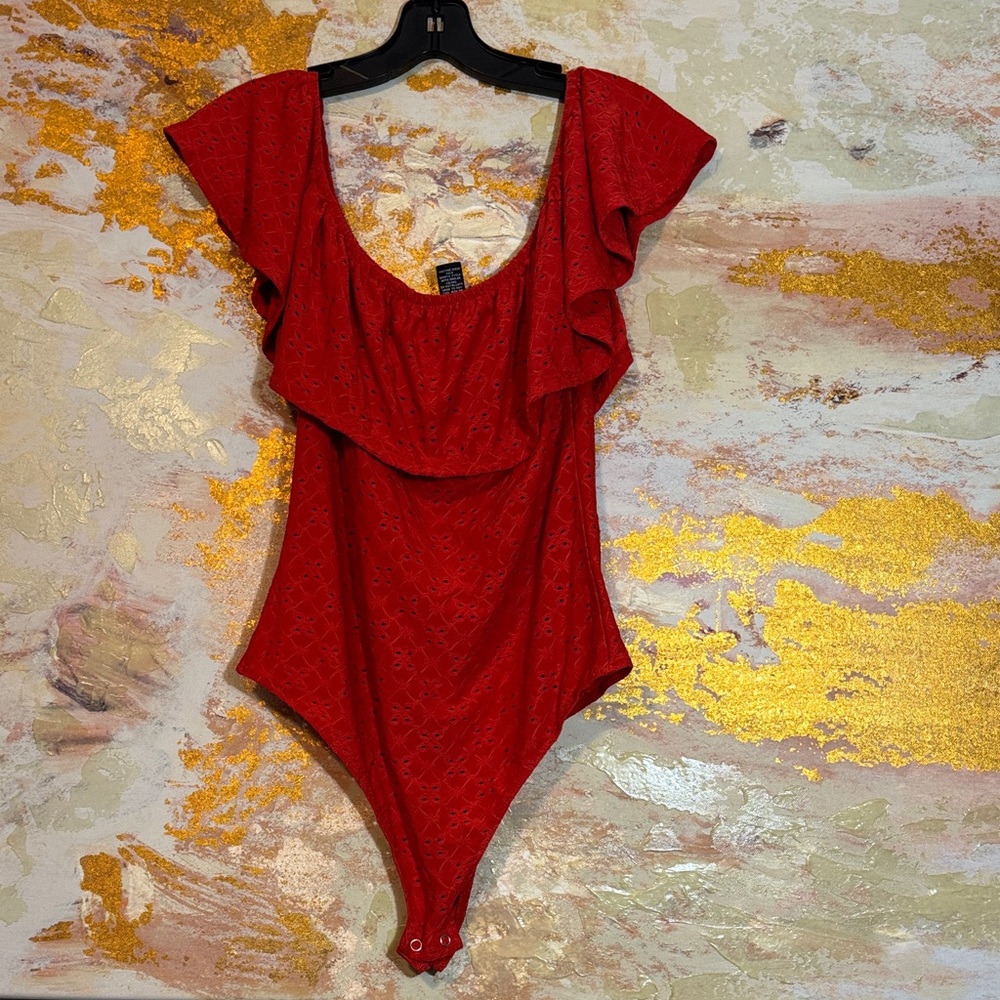 Rue21 Red Ruffled Eyelet Bodysuit Large